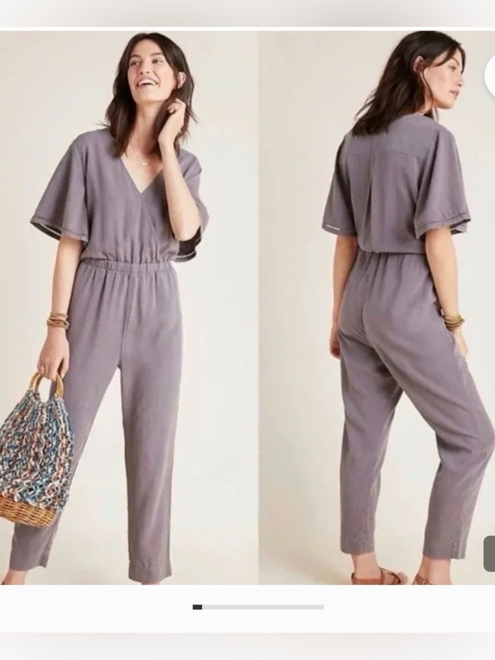 Anthropologie Gray Flutter Short-Sleeve Jumpsuit with defined waist.